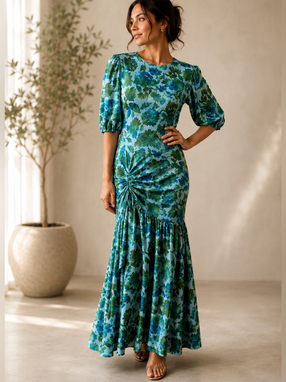 AMUR Trissa Floral Wedding Guest Dress Ruched Puff Sleeve Size 4